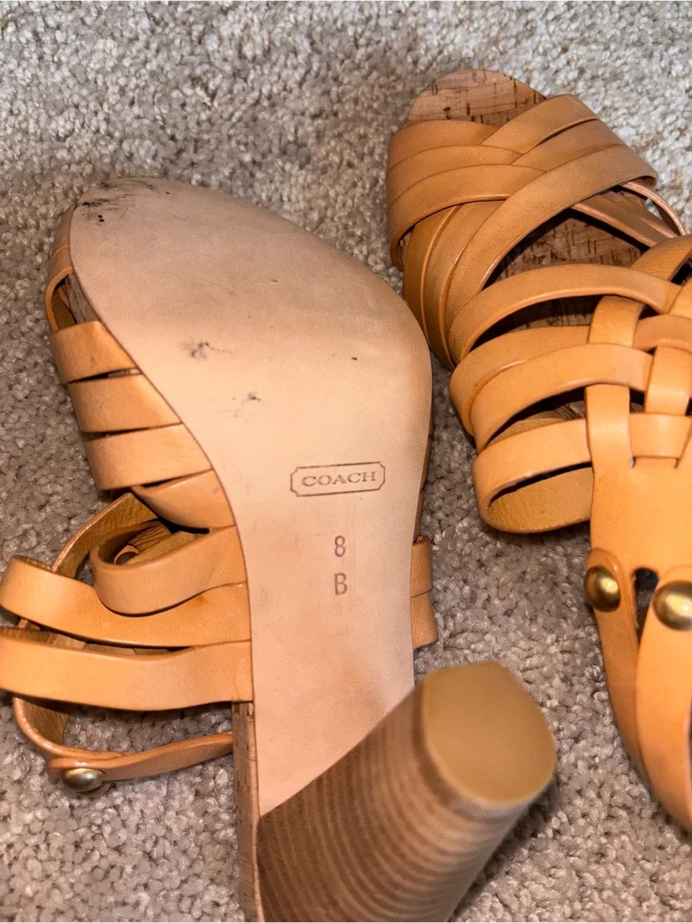 Coach Tan Leather Woven Strappy Cork Platform Block Heels Sandals Studded 8B